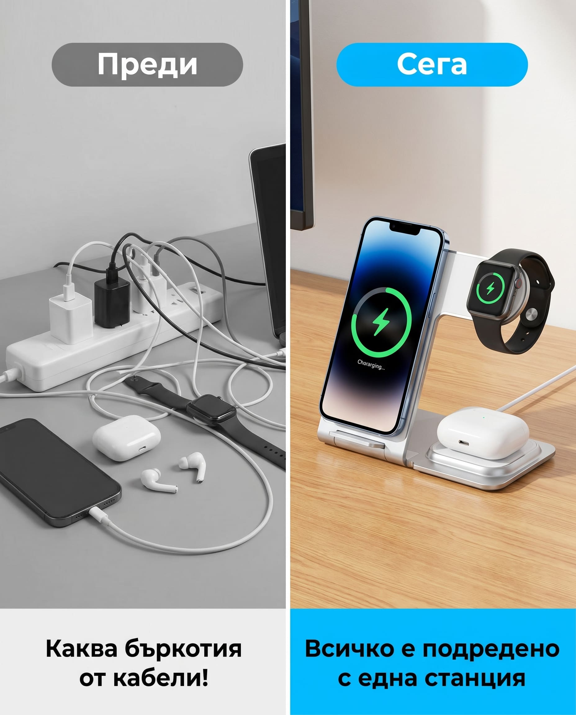 Безжична зарядна станция 3-в-1 за iPhone, Apple Watch и AirPods